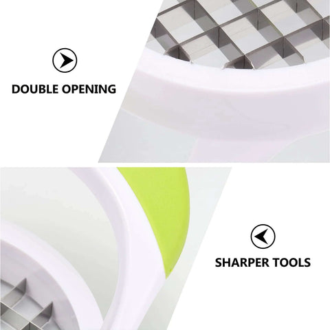Front view of PRETYZOOM potato cutter, white body with lime-green handle and stainless steel square blades for fries.