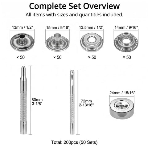 Stainless Steel Snap Button Kit 15mm 200 Pieces 50 Sets Built To Last Rustproof All Weather With Setting Tool overview