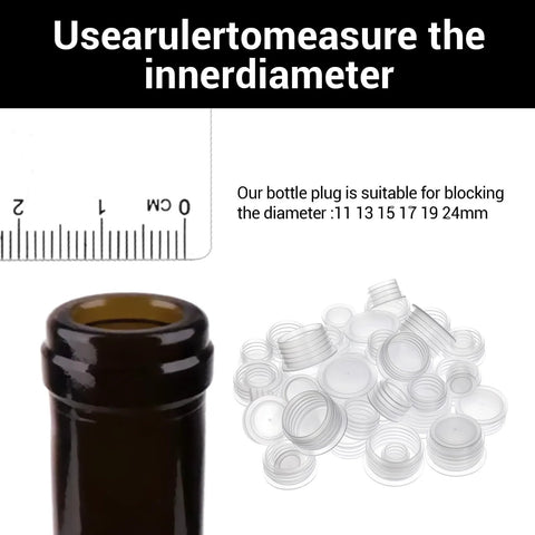 Measuring ruler, bottle neck, and 60 Pcs Salt And Pepper Stoppers Plugs Set In Six Sizes 10mm 13mm 15mm 18mm 20mm 23mm