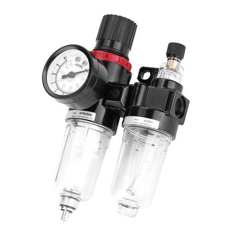 Pro Grade Air Compressor FRL Unit With Drain Valve G1/4 Thread Oil Water Separator for Pneumatic Tools, shown in side view