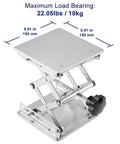 Lab scissors jack lift with 6x6 in stainless steel platform and adjustable screw height.