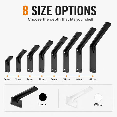 Shelf Bracket Beefy Heavy Duty L Bracket White 39cm With Screws for various shelf sizes and colors displayed in image