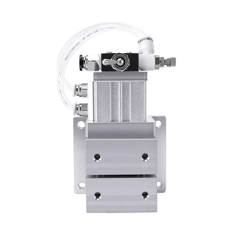 Heavy Duty Aluminum Pneumatic Vise With 3mm Stroke Air Operated Clamp Fixture For CNC Milling Drilling Grinding Engraving And Metalwork Projects, featuring a detailed front view of the clamp with air hose.