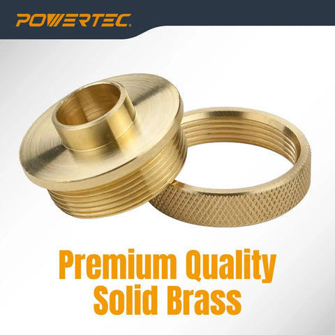 PowerTEC brass router guide bushing with 5/8 inch shank and knurled locking ring; fits Porter-Cable style bases