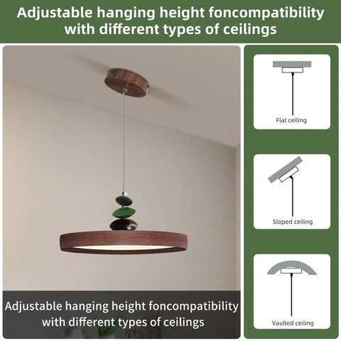 Mid Century Modern Pendant Light 15.8 Inch Wood Grain Finish Dimmable Led Island Lamp With Handheld Remote and Three Color Modes for flat, sloped, and vaulted ceilings.