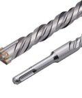 Close-up of two SDS Plus rotary hammer drill bits, 1-1/2 in dia x 23.6 in length, carbide-tipped for concrete.