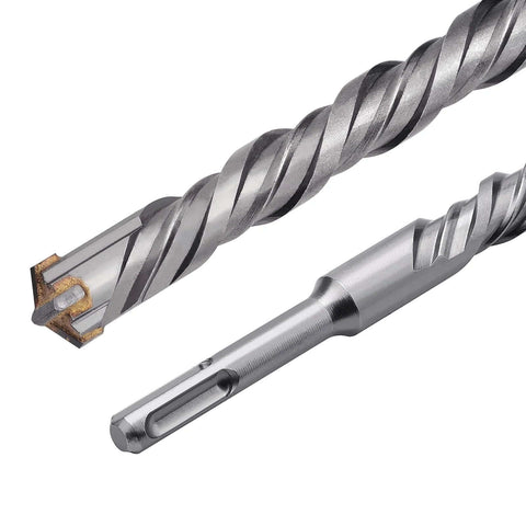 Close-up of two SDS Plus rotary hammer drill bits, 1-1/2 in dia x 23.6 in length, carbide-tipped for concrete.