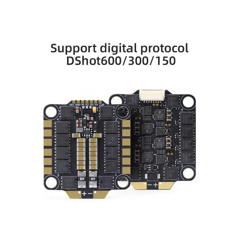 Front and back view of 60A Four In One ESC for FPV Drones 2 to 6S with DShot digital protocols, immersion gold pads visible.