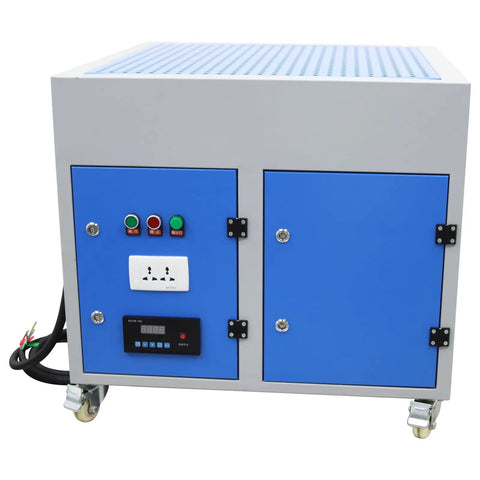 Top Tier Downdraft Table Dust Collector Vacuum For Metalworking Grinding Bench Featuring Badass 3000 Cubic Meters Per Hour Airflow and Multi Stage Industrial Filter That Slays Fine Workshop Dust And Debris Effortlessly, grey and blue metal construction with control panel.