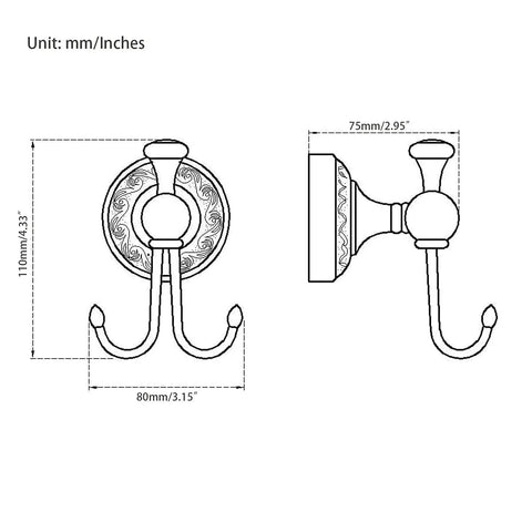 Oil Rubbed Bronze Towel Hooks Set dimensions with Antique Brass Robe Hooks and round floral base, heavy duty wall mount design.