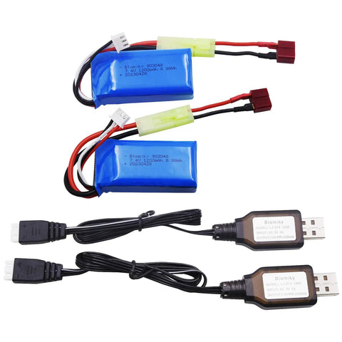 2 Pack 7 4V 1200mAh LiPo Batteries With USB Charger Cables For 1 To 18 Scale RC Trucks Replacement Includes Mini Tamiya Plug And T Plug Adapters For 9310YL 9300 9301E 9302E 9303E 9304E 9305E 9300