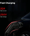 Type1 To Type2 EV Charger Adapter For SAE J1772 To IEC62196, 32A Fast Output, shown plugged into an electric car