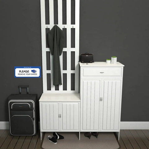 White hallway storage with shoe sign, chairs, and Must Have Dua Sticker Set 19 Removable Muslim Prayers Wall Art 8x4 Inches Arabic