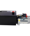 Heavy Duty 12V DC Hydraulic Power Unit With 8 Quart Steel Tank For Dump Trailer And Lift Gate side view showing motor and tank.