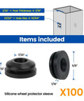 Diagram showing 100 pack black cable railing rubber grommets for level and angled stairs with dimensions for metal posts.