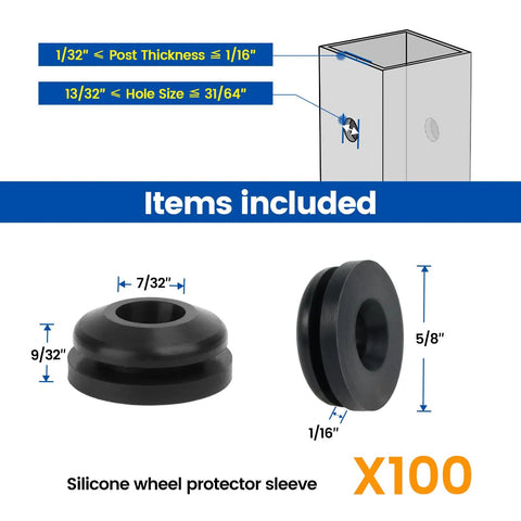 Diagram showing 100 pack black cable railing rubber grommets for level and angled stairs with dimensions for metal posts.