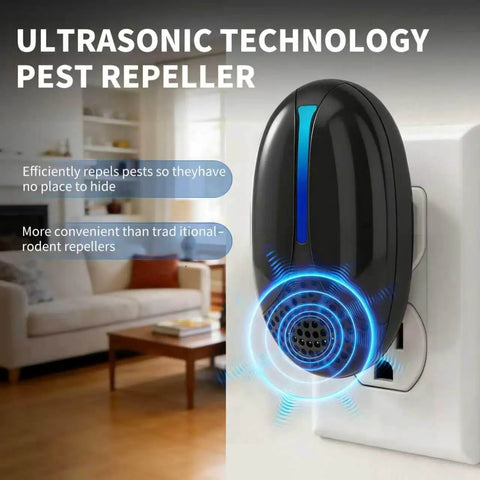 Upgraded Ultrasonic Pest Repeller Indoor Plug In With 3 Mode Switching showing unit plugged in a living room outlet