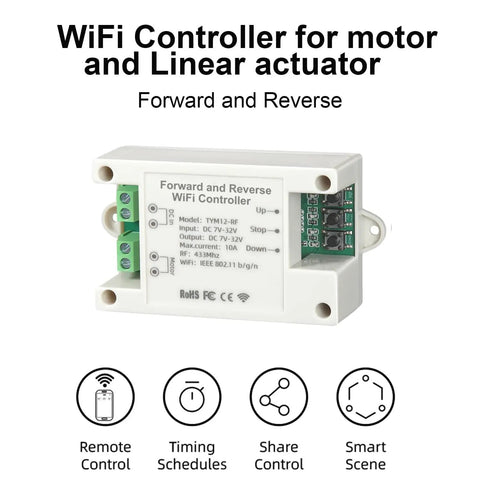 Smart Wireless Linear Actuator Controller With 10A Relay And Timer For 12V 24V 32V DC Motors Dual Control Via WiFi And RF Remote