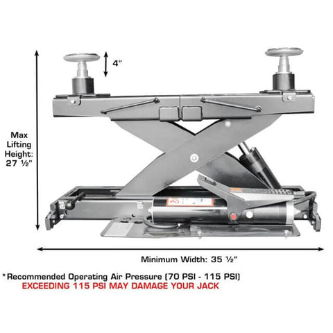 Heavy Duty Air Hydraulic Rolling Jack With 7000 Lb Capacity And Ultra Low Profile For Smooth Vehicle Access Tank dimensions and specs shown.