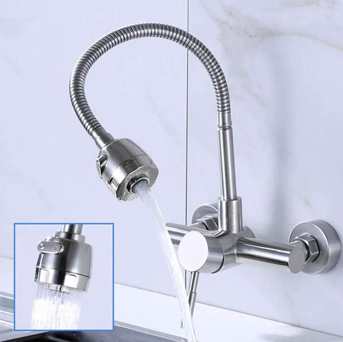 304 Stainless Steel Wall-Mounted Faucet Multifunctional Kitchen Tap Hot & Cold Water with flexible hose for sink use.