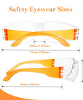 Heavy Duty Anti Fog Safety Glasses 20 Pack Slick Polycarbonate Eye Protection For Work Top Tier Impact Resistant Gear Fo Real UV Defense Kickass Unisex Debris Shield eyewear sizes illustration with dimensions included.
