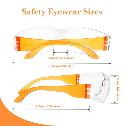 Heavy Duty Anti Fog Safety Glasses 20 Pack Slick Polycarbonate Eye Protection For Work Top Tier Impact Resistant Gear Fo Real UV Defense Kickass Unisex Debris Shield eyewear sizes illustration with dimensions included.