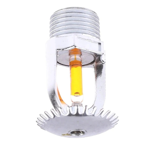 Two Pack Upright Copper Fire Sprinkler Heads Deliver Real Deal Fire Safety With Quick 135F Activation Solid Half Inch Threads And Heavy Duty Craftsmanship That Slays Every Inspection, close-up of chrome sprinkler head.