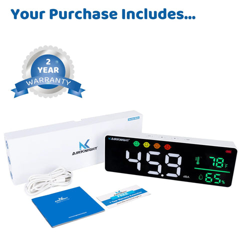 3-In-1 Decibel Meter With Humidity And Temperature Readout, Keep It Down Classroom Noise Monitor, packaging and warranty card