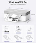 Wireless Bluetooth Thermal Shipping Label Printer Pulls Off Killer 4x6 Package Prints For Ecommerce Hustles With Zero Hassle Mobile Sync And Smooth Windows Mac Android Pairing In Classic Gray showing package contents and dimensions.