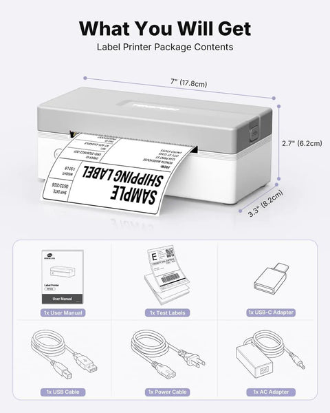 Wireless Bluetooth Thermal Shipping Label Printer Pulls Off Killer 4x6 Package Prints For Ecommerce Hustles With Zero Hassle Mobile Sync And Smooth Windows Mac Android Pairing In Classic Gray showing package contents and dimensions.