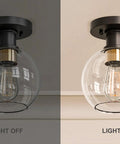 Modern Farmhouse 1 Light Flush Mount Ceiling Light With Clear Glass Globe In Black And Gold Finish for interiors, light off and on comparison.