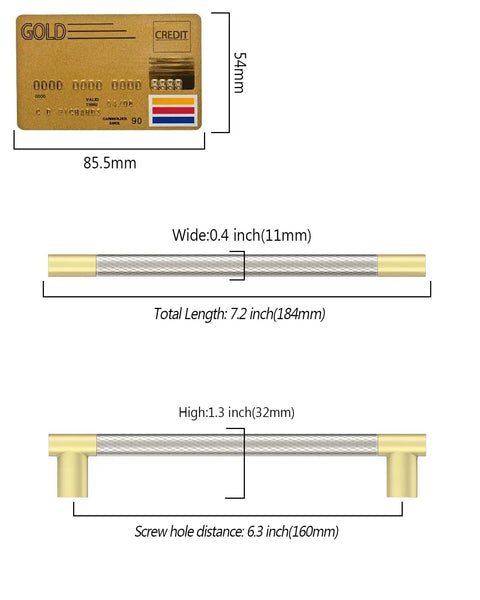 Dimensions of Beefy 6.3 Inch Cabinet Pulls Set Of 10 Gold And Nickel Knurled Brushed Finish, 184mm overall length, 32mm projection
