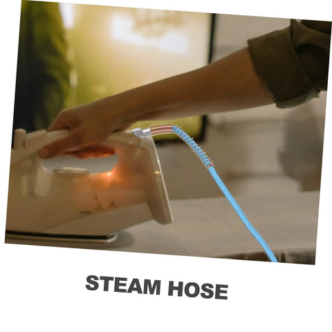 Sky-blue Beefy High Pressure Steam Iron Hose Replacement being used with a steam iron, showing flexible, crack-resistant design.