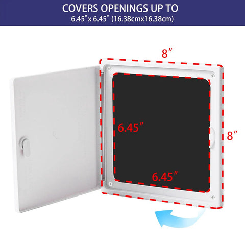 No Sweat 8X8 White Plastic Access Panel With Door, 6.5 Inch Opening showing 6.45x6.45 dimensions for HVAC and plumbing access.