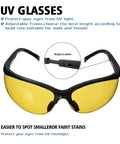 Protective UV glasses with yellow lenses and a black adjustable frame for AC dye-leak detection.