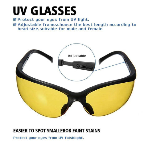 Protective UV glasses with yellow lenses and a black adjustable frame for AC dye-leak detection.