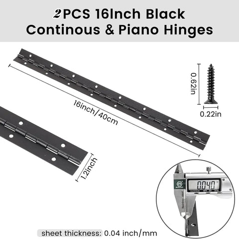 Built Tough 16 Inch Stainless Steel Piano Hinges 2 Pack Heavy Duty Continuous Barrel Hinges for cabinet doors, showing dimensions.