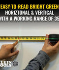 Self Leveling Laser Level With Bright Green Cross Lines, measuring alignment with tape up to 35 feet, Klein Tools.