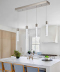 Crystal Bubble 4 Light Pendant For Kitchen Island, brushed nickel, modern LED ceiling fixture, over white island in bright kitchen