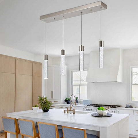 Crystal Bubble 4 Light Pendant For Kitchen Island, brushed nickel, modern LED ceiling fixture, over white island in bright kitchen