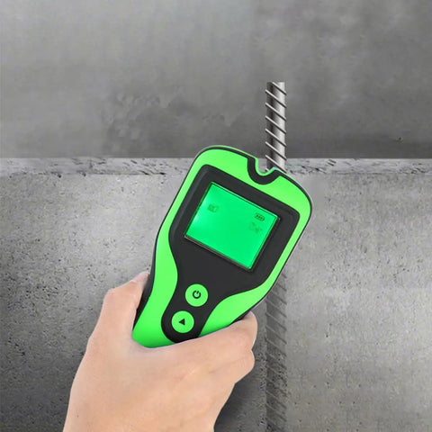 Electronic Wall Finder Detects Wood Metal Studs and Live Wire, handheld device with LCD display scanning concrete.