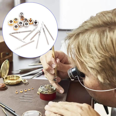 Watch Repair Kit With Stainless Steel Crown And Stem Set in use by a technician, close-up of winding repair process, tools displayed