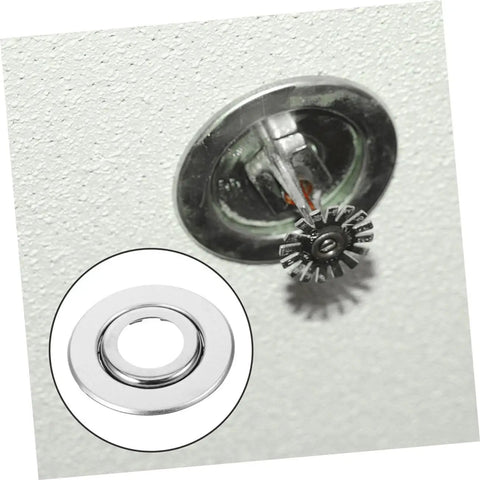 20 Pieces Stainless Steel Fire Sprinkler Escutcheon Plates Expandable Protective Caps on a ceiling with sprinkler head.