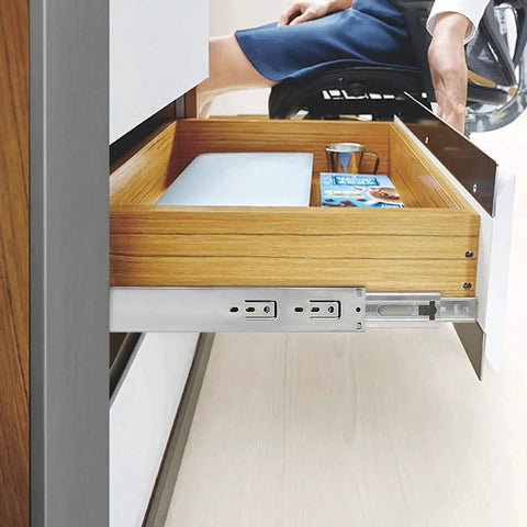 Side view of a dresser with 22 Inch Soft Close Drawer Slides With Rear Mounting Brackets, showing full extension ball bearing slides in use.