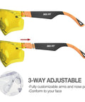 Yellow Lens Safety Glasses With Blue Light Blocking And Night Vision Enhancement For Shooting, Gaming And Low Light Work, Anti Fog Z87.1 Eye Protection, Adjustable Arms, Black And Orange shown with adjustable arms.