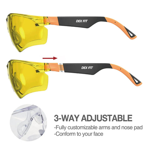 Yellow Lens Safety Glasses With Blue Light Blocking And Night Vision Enhancement For Shooting, Gaming And Low Light Work, Anti Fog Z87.1 Eye Protection, Adjustable Arms, Black And Orange shown with adjustable arms.