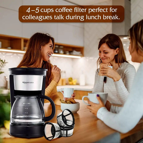 Three people enjoying coffee with Four Pack Reusable Coffee Filters For 4 To 5 Cup Coffee Makers Like Mr Coffee And Black And Decker
