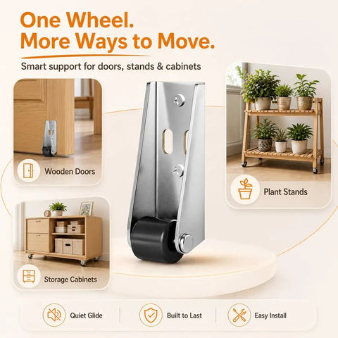 Heavy Duty Vertical Track Roller Wheels For Sliding Doors Featuring Silky Smooth Glide Rubber Casters As Bottom Guides To Fix Sticking Tracks And Level Up Your Closet Setup Without The Hassle Four Pack, shown with wooden door and plant stand.