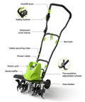 18 Inch Electric Tiller Cultivator With 13.5 Amp Motor showing labeled parts including handle, motor, and steel tines