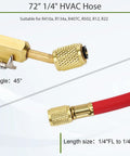 Close-up of Three Piece 72 Inch Low Loss HVAC Refrigerant Hoses With Compact Ball Valve And Quarter Inch Flare Fittings Color Coded